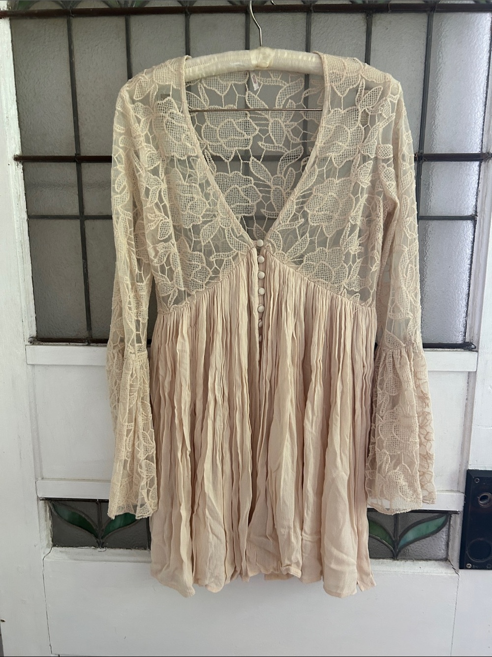 Free People Boho Lace & Pleated Tunic Top in Soft Beige